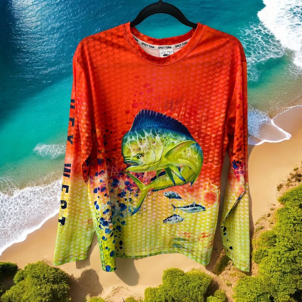 Spicy Tuna Shirt‎ Mens Size M Fishing Performance Long Sleeve Mahi Mahi Dorado